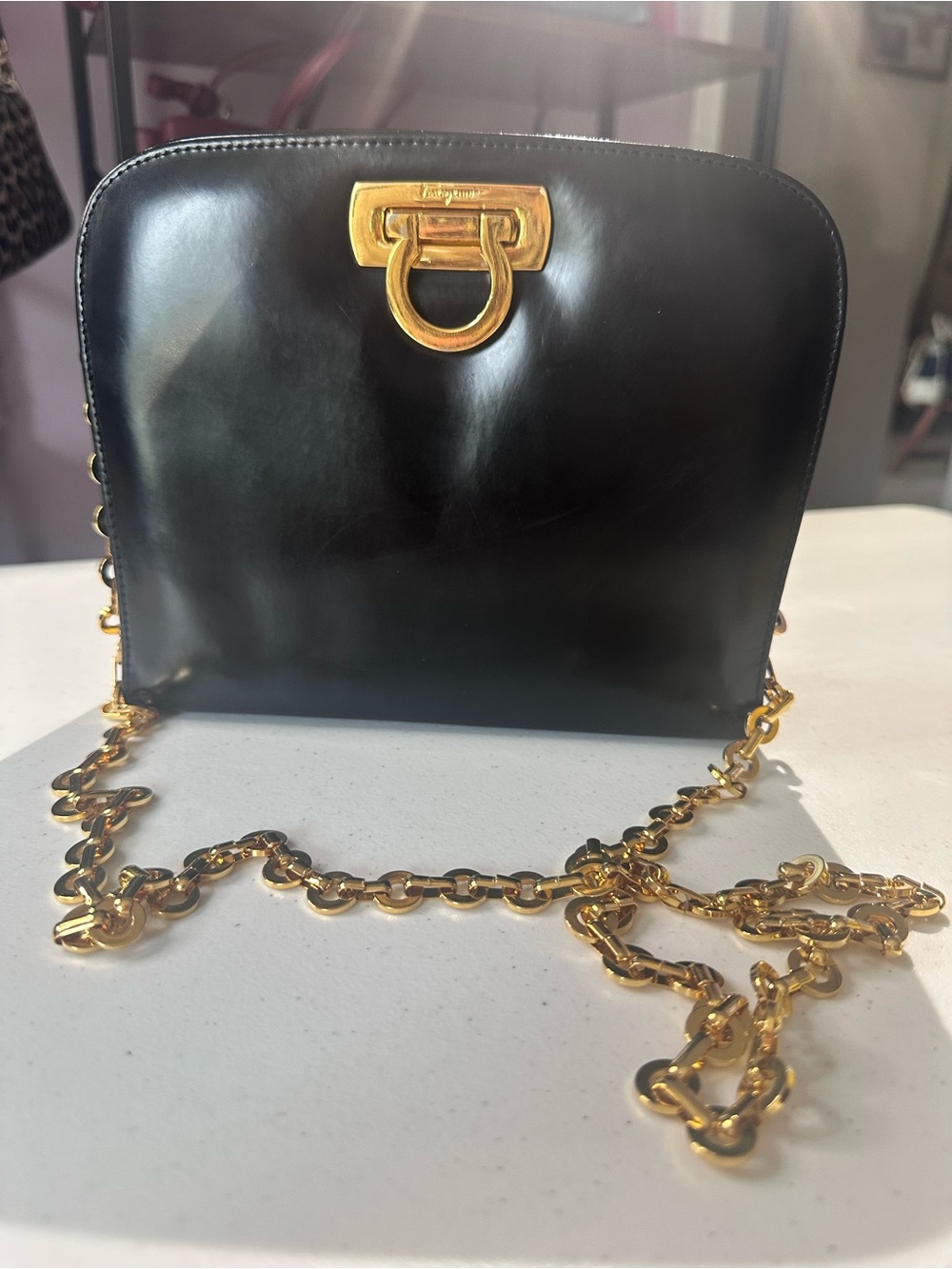 Salvatore Ferragamo Black Leather Gancini Chain Shoulder Bag with Gold Hardware